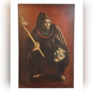 Vintage Oriental Asian TheatrePainting On Canvas 36” X 24” Unframed And Unsigned